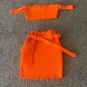 Orange 2 Piece Skirt Set Size Medium runs small Off Shoulder Top Belted Skirt